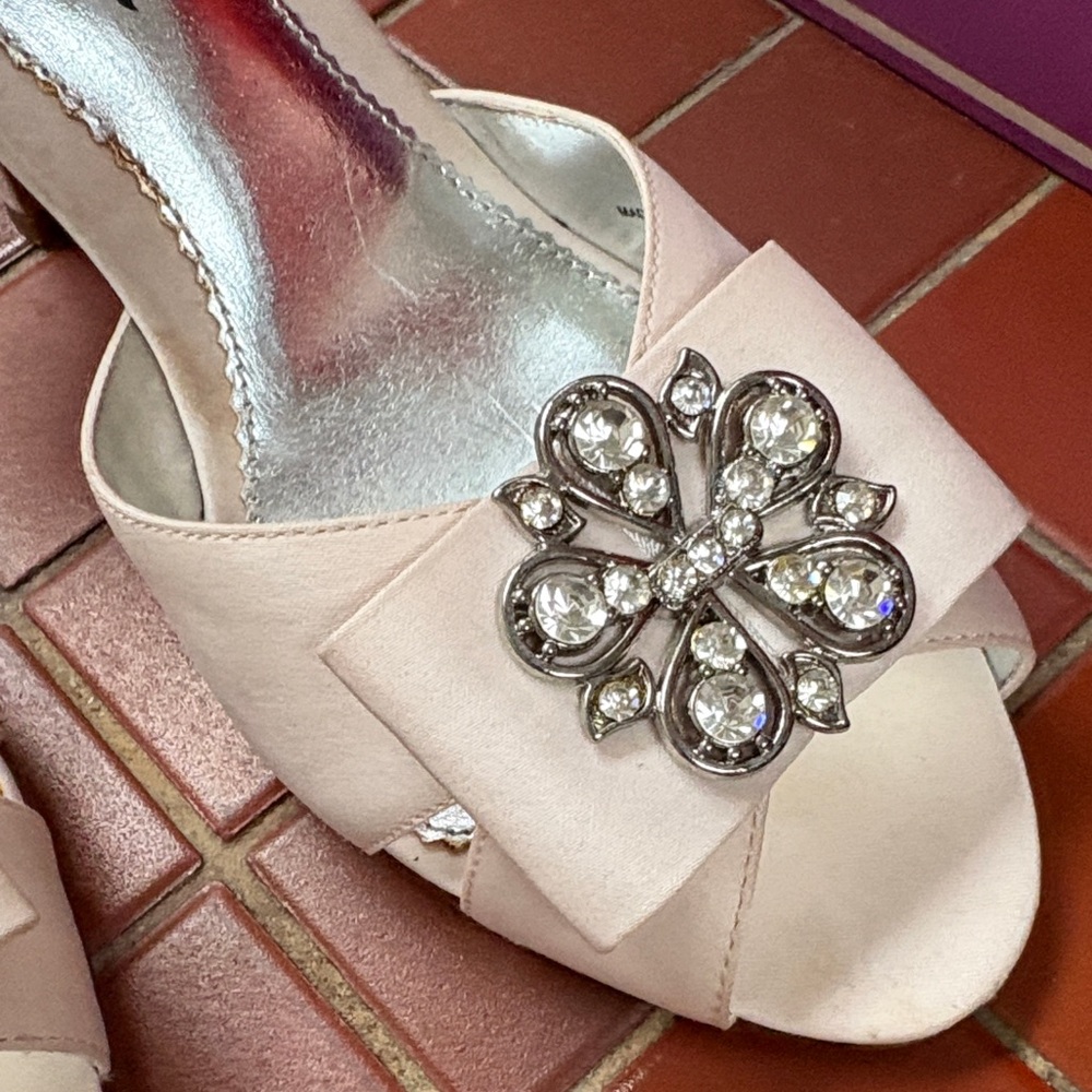 Nina Blush Satin Slide Mules with Crystal Flower - Picture 2 of 4
